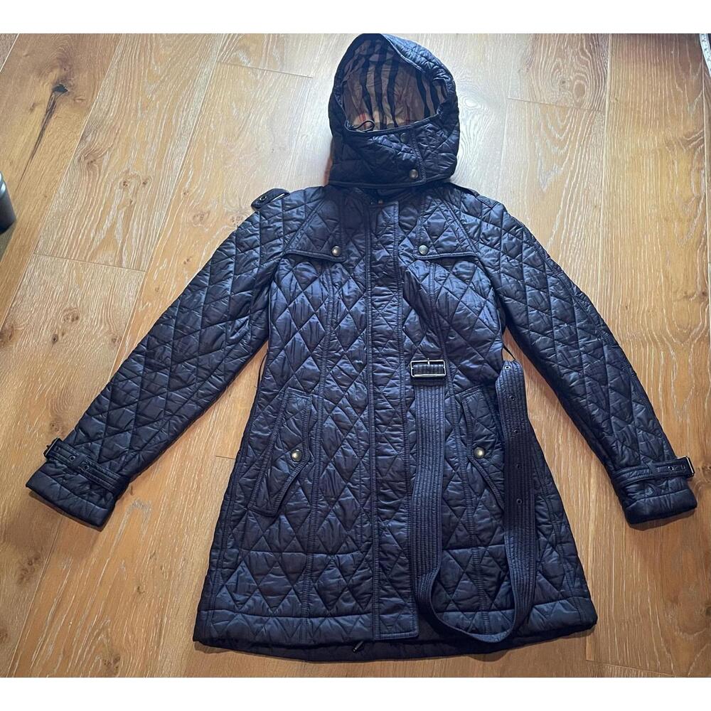 Burberry Brit Black Quilted Hooded Coat Classic Chic Petite Small 100% Nylon